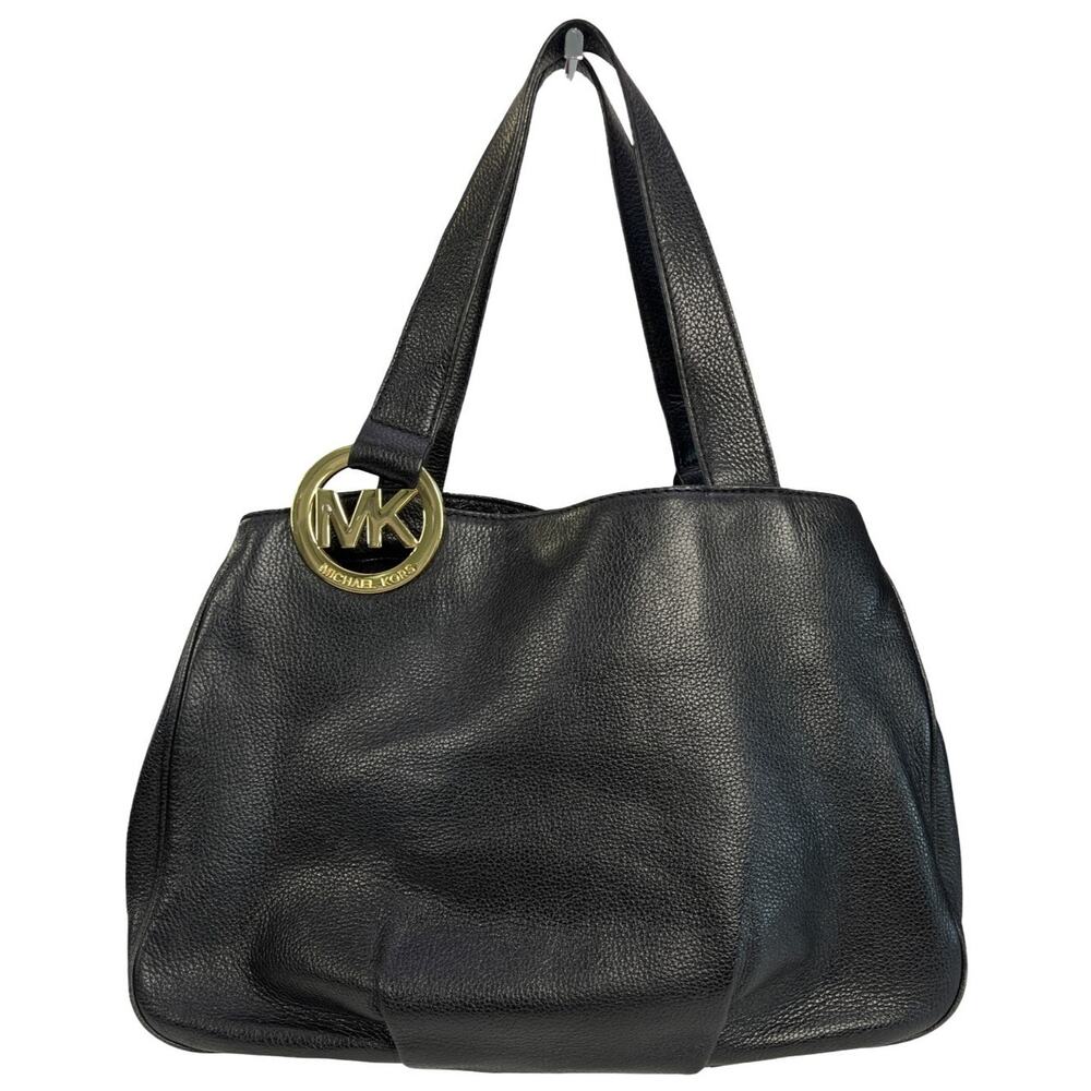Michael Kors Fulton Black Pebbled Leather Tote Bag Gold MK Logo Shoulder Purse